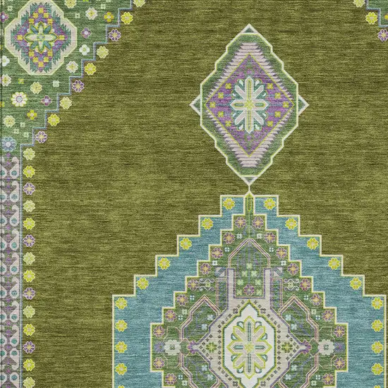 Olive Green Pink And Ivory Oriental Washable Indoor Outdoor Area Rug Photo 5