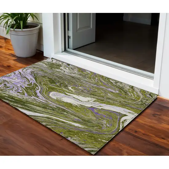 Olive Green Purple And Beige Abstract Washable Indoor Outdoor Area Rug Photo 1