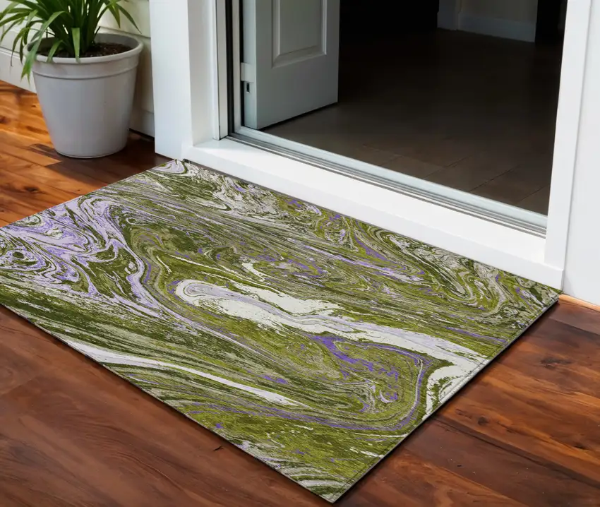 Olive Green Purple And Beige Abstract Washable Indoor Outdoor Area Rug Photo 1