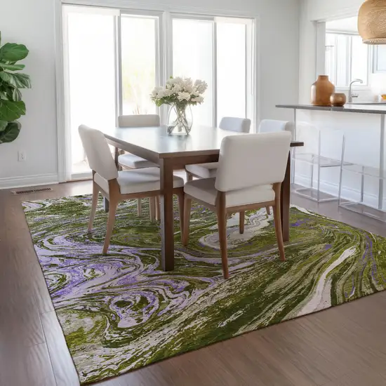 Olive Green Purple And Beige Abstract Washable Indoor Outdoor Area Rug Photo 9