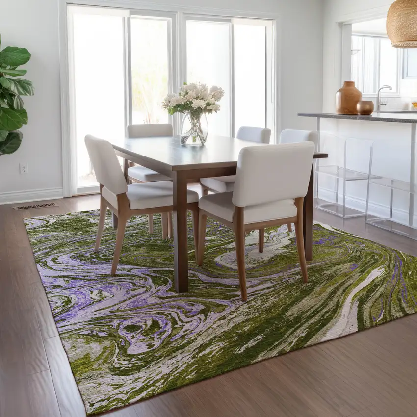 Olive Green Purple And Beige Abstract Washable Indoor Outdoor Area Rug Photo 9