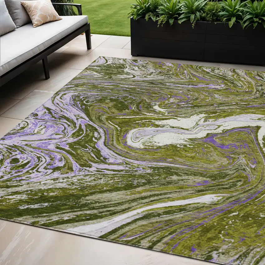 Olive Green Purple And Beige Abstract Washable Indoor Outdoor Area Rug Photo 1
