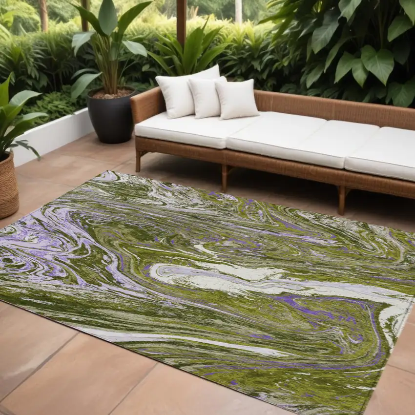 Olive Green Purple And Beige Abstract Washable Indoor Outdoor Area Rug Photo 1