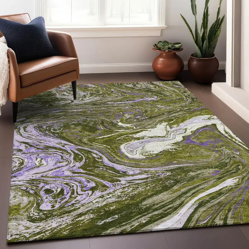 Olive Green Purple And Beige Abstract Washable Indoor Outdoor Area Rug Photo 9