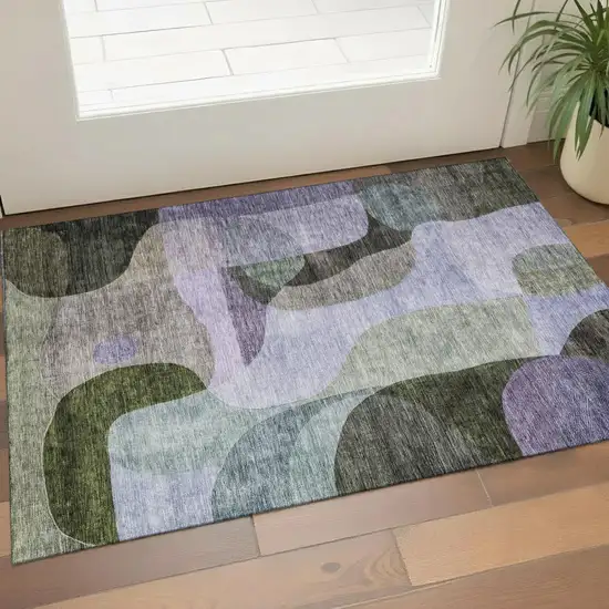 Olive Green Purple And Brown Abstract Geometric Washable Area Rug With UV Protection Photo 1