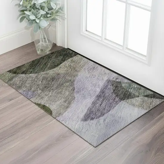 Olive Green Purple And Brown Abstract Geometric Washable Area Rug With UV Protection Photo 2