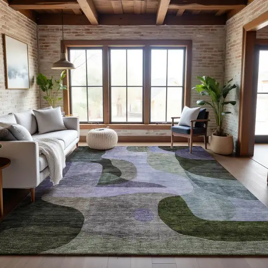 Olive Green Purple And Brown Abstract Geometric Washable Area Rug With UV Protection Photo 2