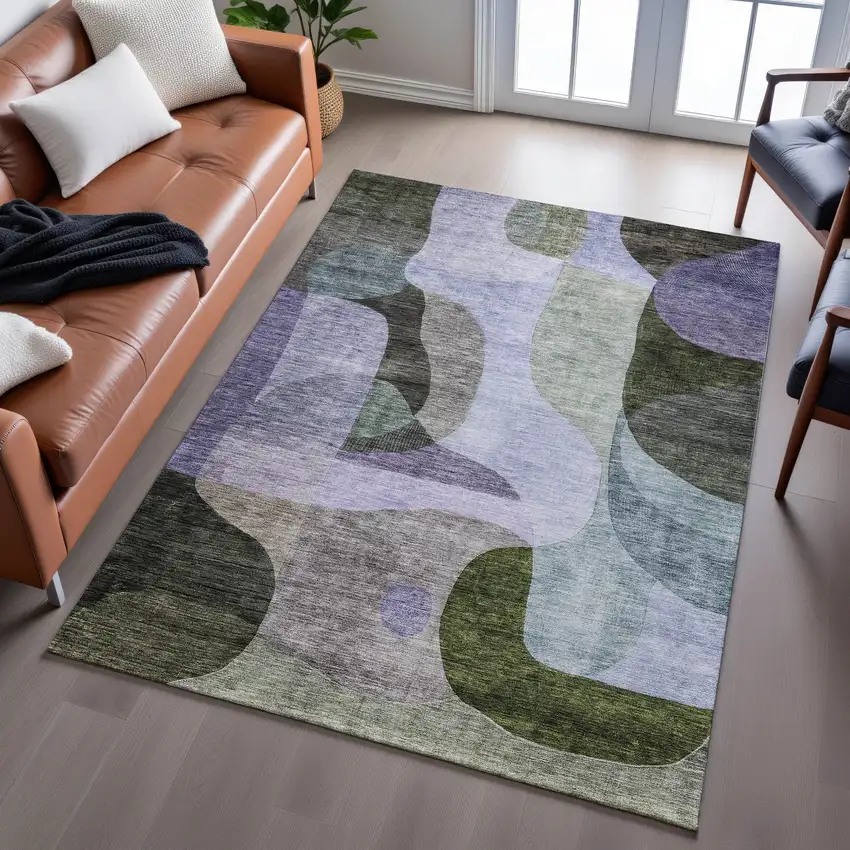 Olive Green Purple And Brown Abstract Geometric Washable Area Rug With UV Protection Photo 3