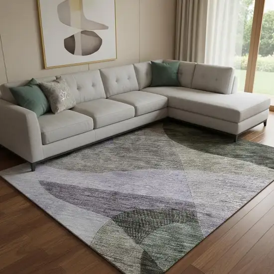 Olive Green Purple And Brown Abstract Geometric Washable Area Rug With UV Protection Photo 2