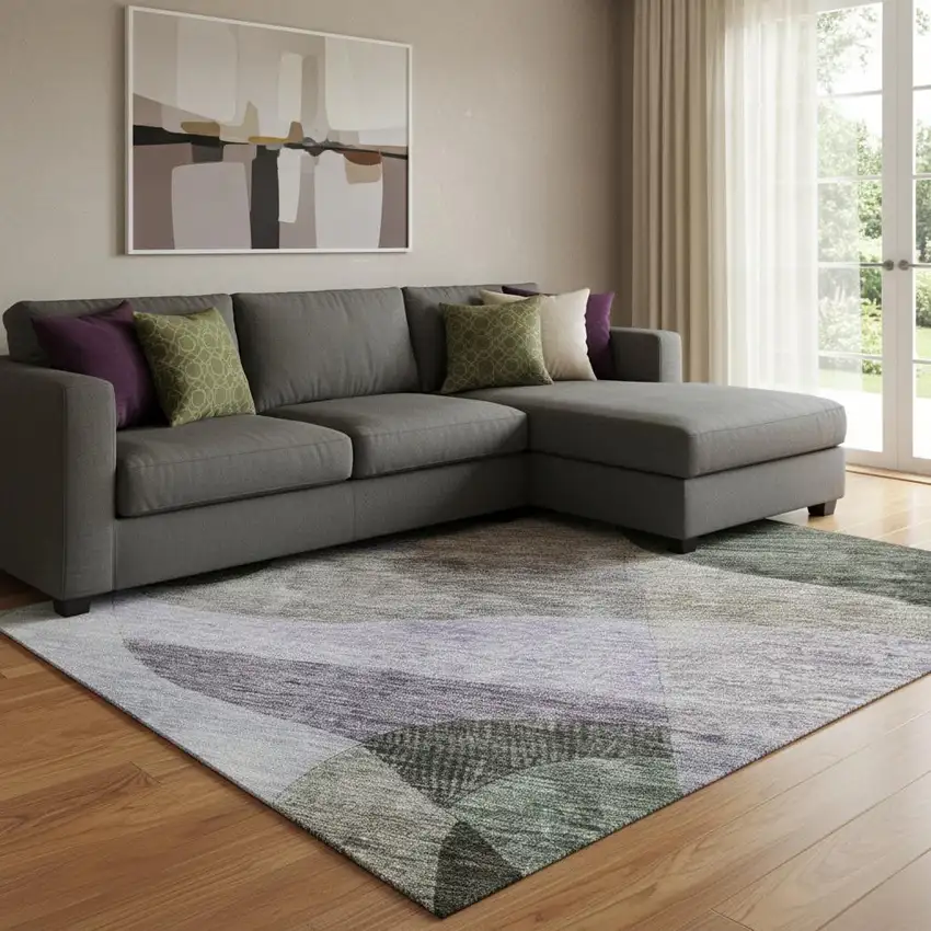 Olive Green Purple And Brown Abstract Geometric Washable Area Rug With UV Protection Photo 2