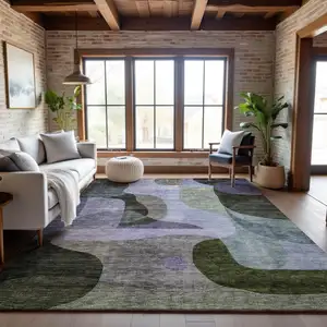 Photo of Olive Green Purple And Brown Abstract Geometric Washable Area Rug With UV Protection