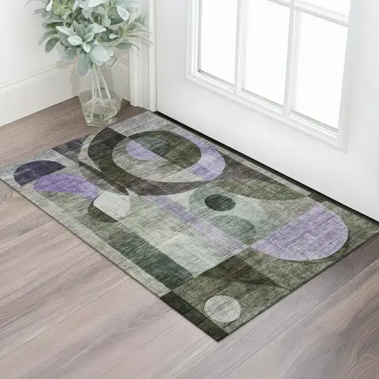 Olive Green Purple And Brown Geometric Washable Area Rug With UV Protection Photo 2
