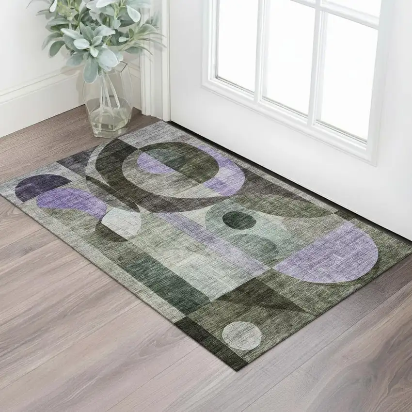 Olive Green Purple And Brown Geometric Washable Area Rug With UV Protection Photo 2