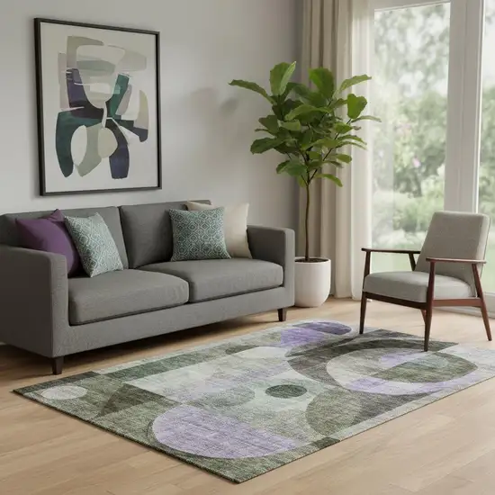 Olive Green Purple And Brown Geometric Washable Area Rug With UV Protection Photo 2