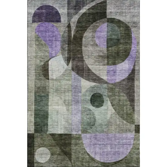 Olive Green Purple And Brown Geometric Washable Area Rug With UV Protection Photo 1