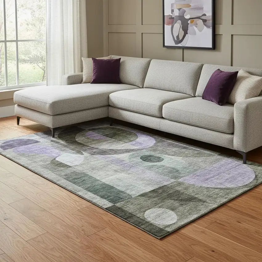 Olive Green Purple And Brown Geometric Washable Area Rug With UV Protection Photo 2