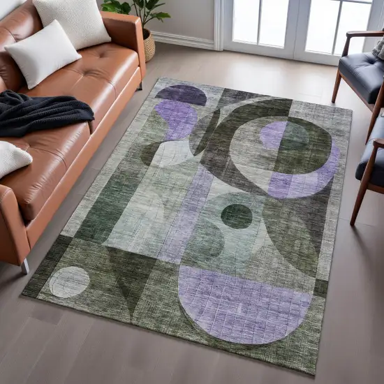 Olive Green Purple And Brown Geometric Washable Area Rug With UV Protection Photo 5