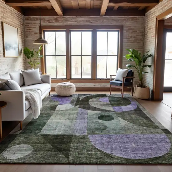 Olive Green Purple And Brown Geometric Washable Area Rug With UV Protection Photo 4