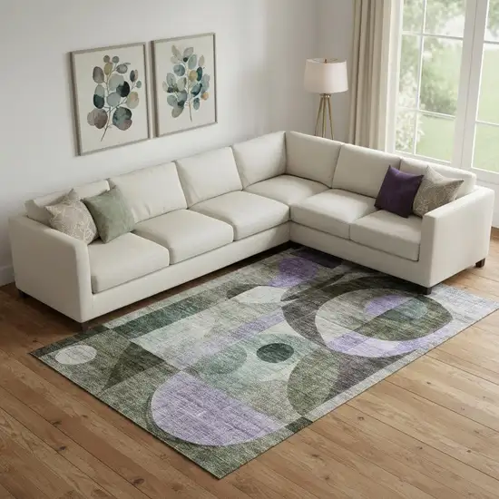 Olive Green Purple And Brown Geometric Washable Area Rug With UV Protection Photo 2