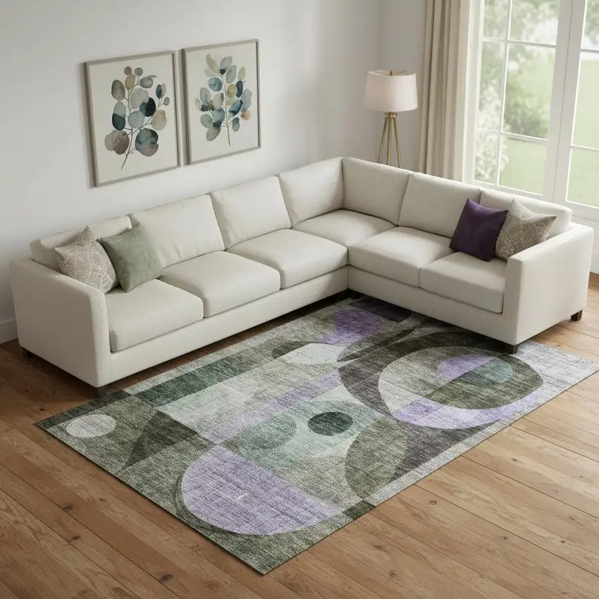 Olive Green Purple And Brown Geometric Washable Area Rug With UV Protection Photo 2