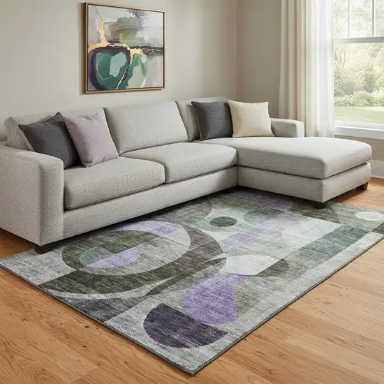 Olive Green Purple And Brown Geometric Washable Area Rug With UV Protection Photo 2