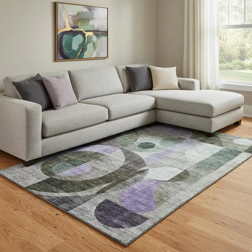 Olive Green Purple And Brown Geometric Washable Area Rug With UV Protection Photo 2