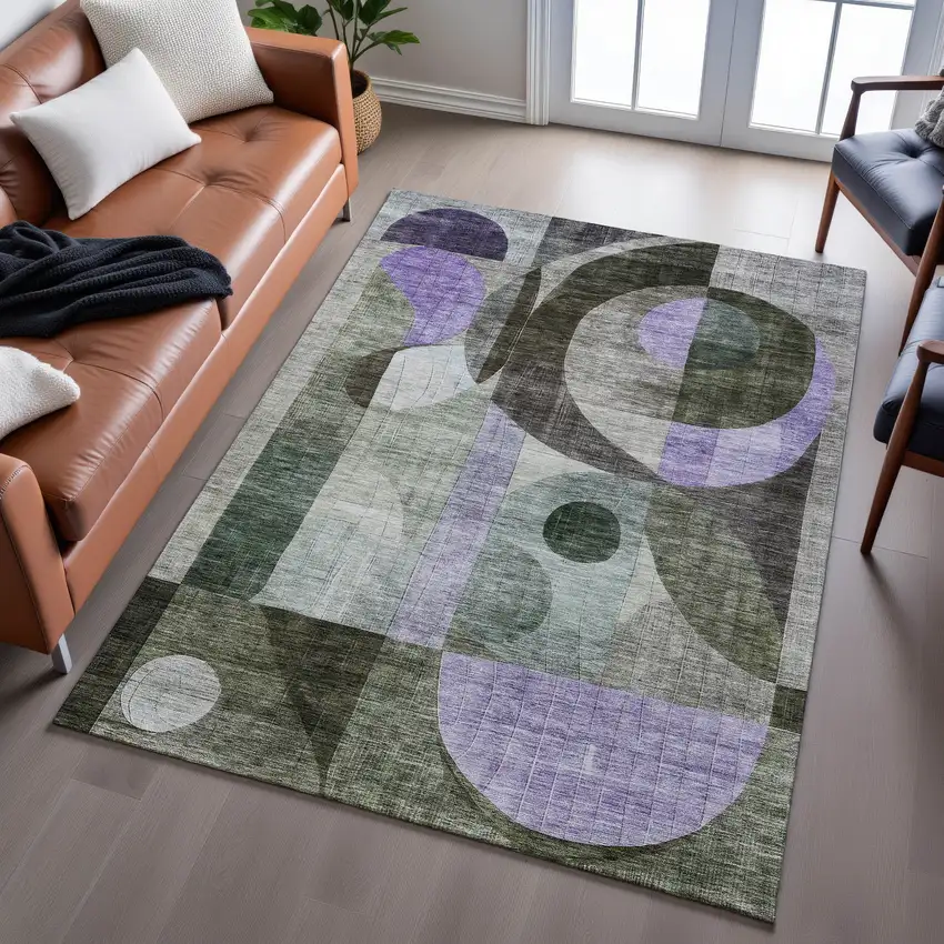 Olive Green Purple And Brown Geometric Washable Area Rug With UV Protection Photo 5