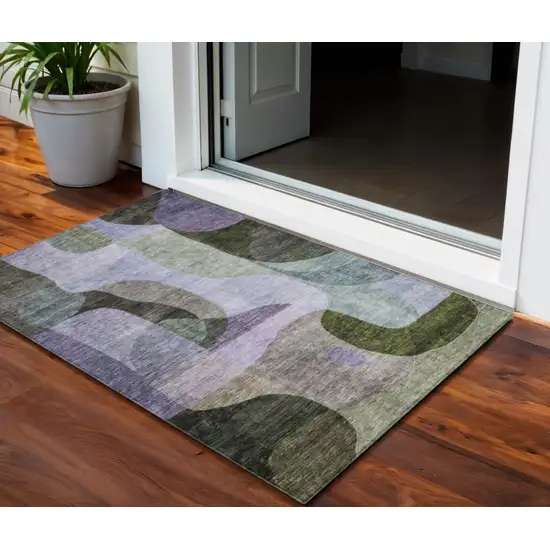 Olive Green Purple And Charcoal Abstract Washable Indoor Outdoor Area Rug Photo 1