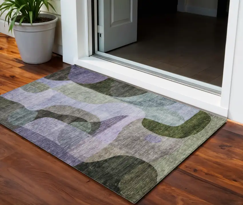Olive Green Purple And Charcoal Abstract Washable Indoor Outdoor Area Rug Photo 1