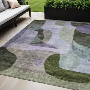 Photo of Olive Green Purple And Charcoal Abstract Washable Indoor Outdoor Area Rug