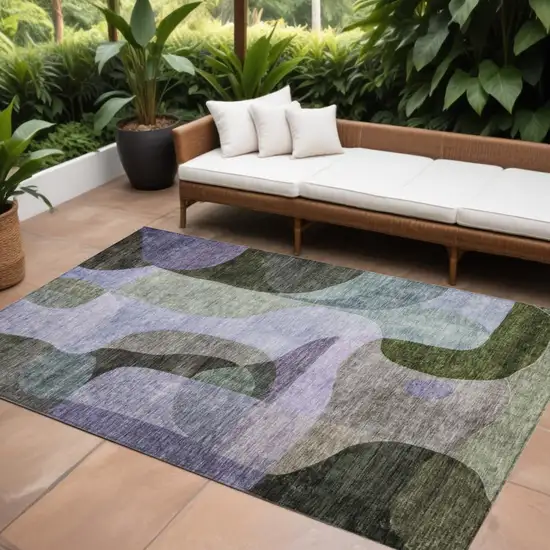 Olive Green Purple And Charcoal Abstract Washable Indoor Outdoor Area Rug Photo 1