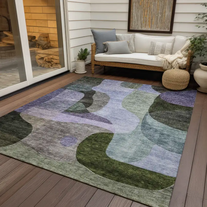 Olive Green Purple And Charcoal Abstract Washable Indoor Outdoor Area Rug Photo 7