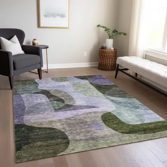 Olive Green Purple And Charcoal Abstract Washable Indoor Outdoor Area Rug Photo 9