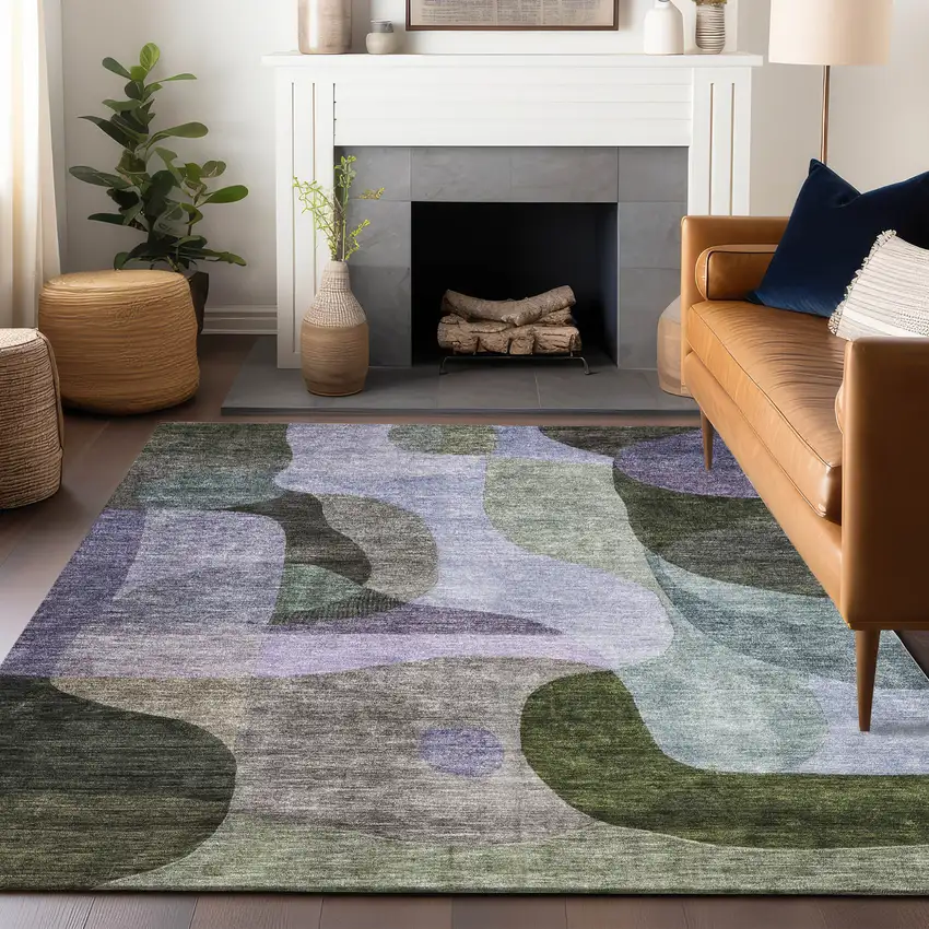 Olive Green Purple And Charcoal Abstract Washable Indoor Outdoor Area Rug Photo 8