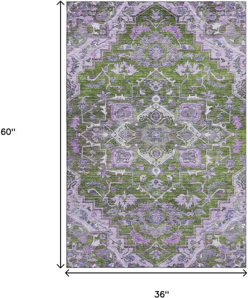 Olive Green Purple And Gray Floral Medallion Washable Area Rug With UV Protection Photo 3