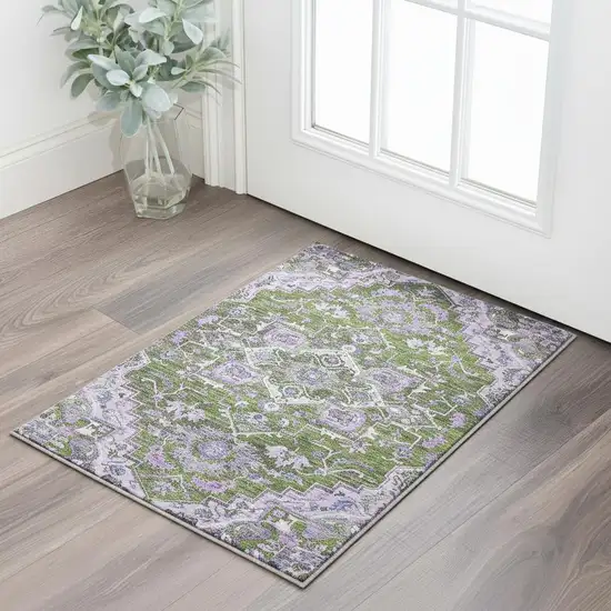 Olive Green Purple And Gray Floral Medallion Washable Area Rug With UV Protection Photo 2