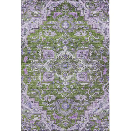 Olive Green Purple And Gray Floral Medallion Washable Area Rug With UV Protection Photo 4
