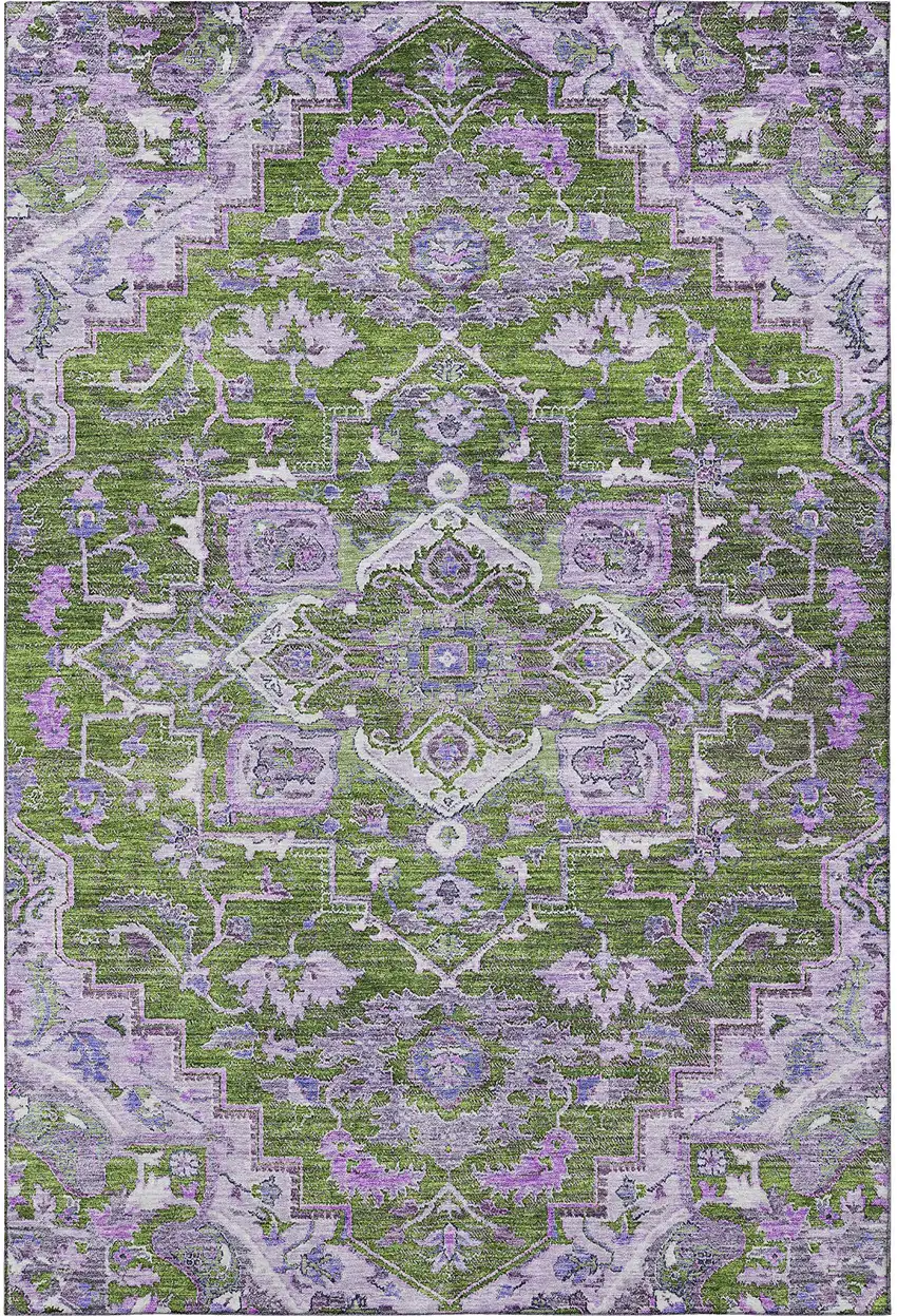 Olive Green Purple And Gray Floral Medallion Washable Area Rug With UV Protection Photo 4