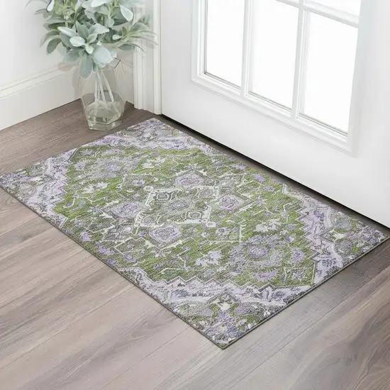 Olive Green Purple And Gray Floral Medallion Washable Area Rug With UV Protection Photo 1