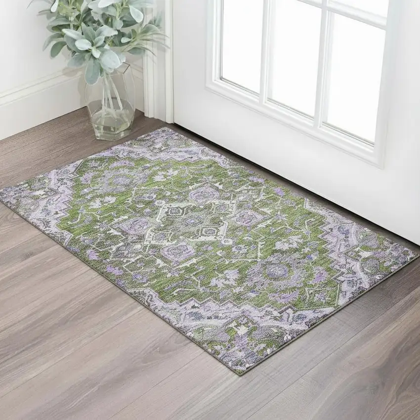 Olive Green Purple And Gray Floral Medallion Washable Area Rug With UV Protection Photo 1
