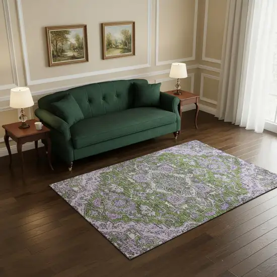 Olive Green Purple And Gray Floral Medallion Washable Area Rug With UV Protection Photo 2