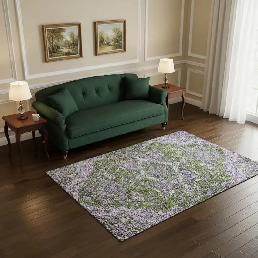 Olive Green Purple And Gray Floral Medallion Washable Area Rug With UV Protection Photo 2