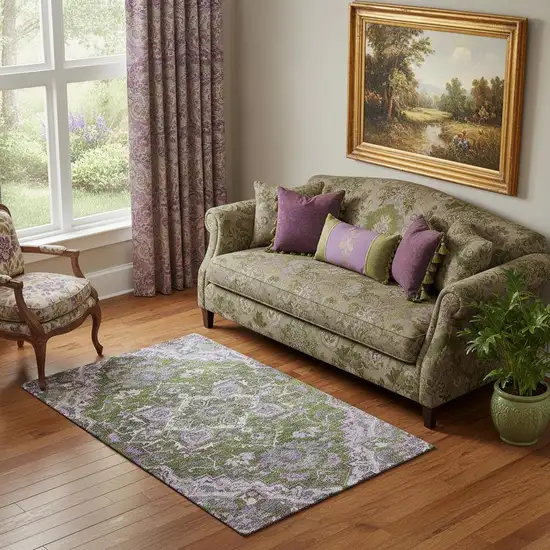 Olive Green Purple And Gray Floral Medallion Washable Area Rug With UV Protection Photo 1