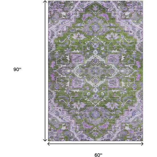 Olive Green Purple And Gray Floral Medallion Washable Area Rug With UV Protection Photo 3