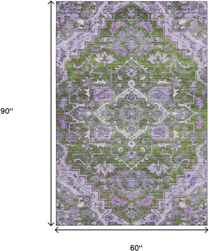 Olive Green Purple And Gray Floral Medallion Washable Area Rug With UV Protection Photo 3