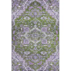 Photo of Olive Green Purple And Gray Floral Medallion Washable Area Rug With UV Protection