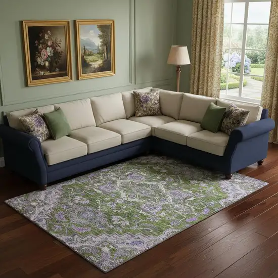 Olive Green Purple And Gray Floral Medallion Washable Area Rug With UV Protection Photo 1