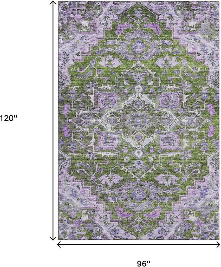 Olive Green Purple And Gray Floral Medallion Washable Area Rug With UV Protection Photo 3