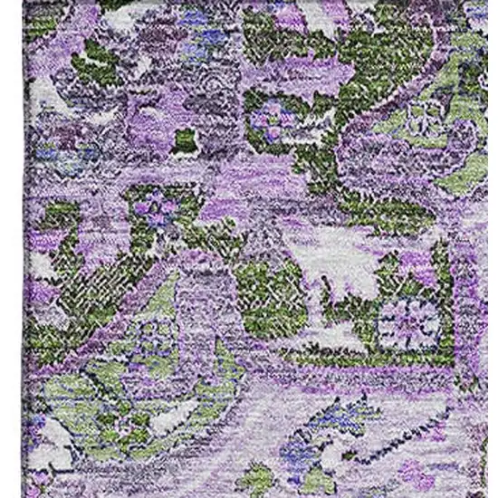 Olive Green Purple And Gray Floral Medallion Washable Area Rug With UV Protection Photo 4