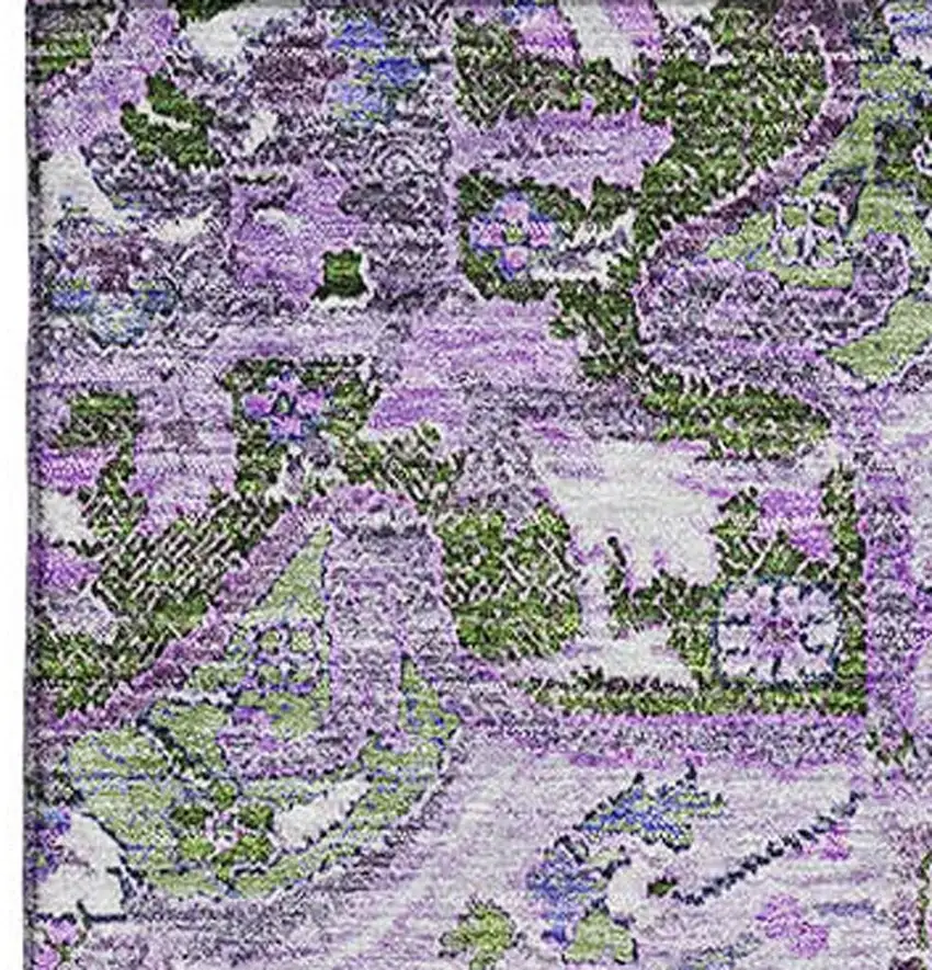 Olive Green Purple And Gray Floral Medallion Washable Area Rug With UV Protection Photo 4